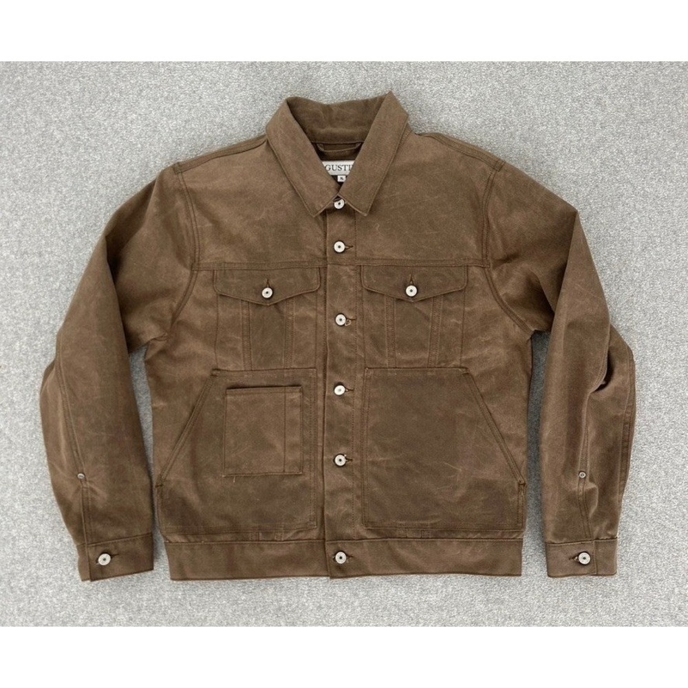Gustin Waxed Cotton Trucker Jacket Men XL Brown Canvas USA Rugged Workwear Chore